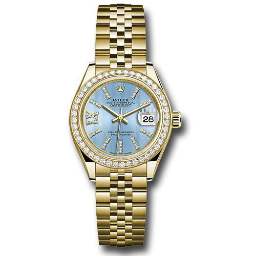 Rolex Yellow Gold Lady-Datejust 28 Watch - 44 Diamond Bezel - Cornflower Blue Stripe Diamond Index Dial - Jubilee Bracelet - 279138RBR cbls36dix8dj