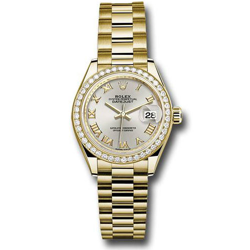 Rolex Yellow Gold Lady-Datejust 28 Watch - 44 Diamond Bezel - Silver Roman Dial - President Bracelet - 279138RBR srp