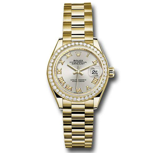 Rolex Yellow Gold Lady-Datejust 28 Watch - Fluted Bezel - Silver Index Dial - Jubilee Bracelet - 279178 sij
