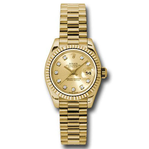 Rolex Yellow Gold Lady-Datejust 26 Watch - Fluted Bezel - Champagne Diamond Dial - President Bracelet - 179178 chdp