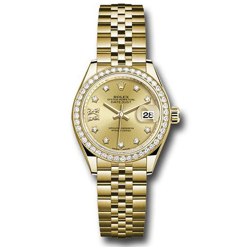 Rolex Yellow Gold Lady-Datejust 28 Watch - 44 Diamond Bezel - Champagne Diamond Star Dial - Jubilee Bracelet - 279138RBR ch9dix8dj