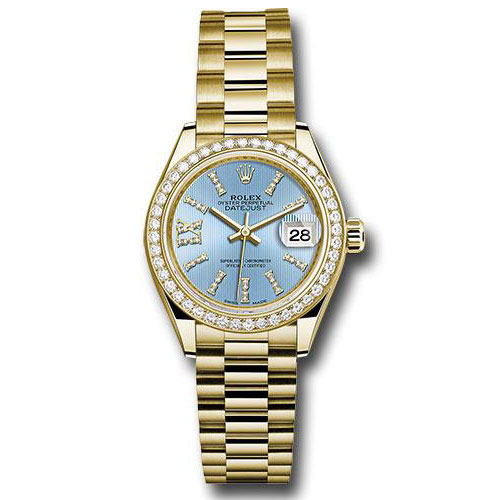 Rolex Yellow Gold Lady-Datejust 28 Watch - 44 Diamond Bezel - Cornflower Blue Stripe Diamond Index Dial - President Bracelet - 279138RBR cbls36dix8dp