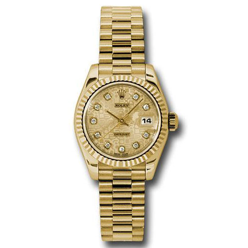 Rolex Yellow Gold Lady-Datejust 26 Watch - Fluted Bezel - Champagne Jubilee Diamond Dial - President Bracelet - 179178 chjdp