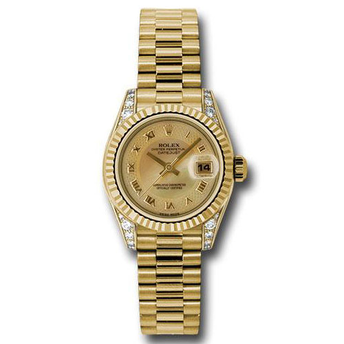 Rolex Yellow Gold Lady-Datejust 26 Watch - Fluted Bezel - Champagne Decorated Mother-Of-Pearl Roman Dial - President Bracelet - 179238 chmdrp