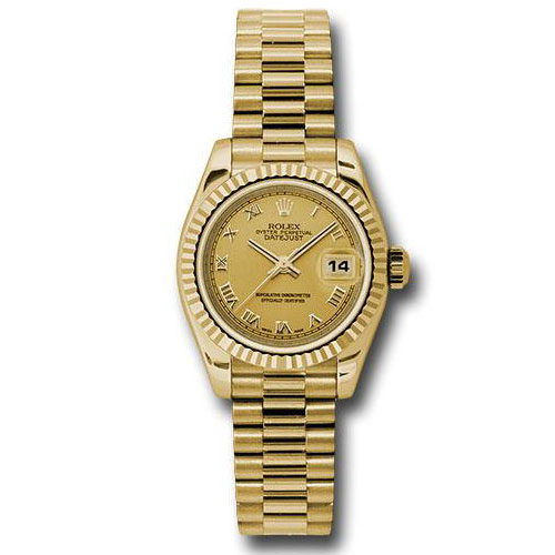 Rolex Yellow Gold Lady-Datejust 26 Watch - Fluted Bezel - Champagne Roman Dial - President Bracelet - 179178 chrp