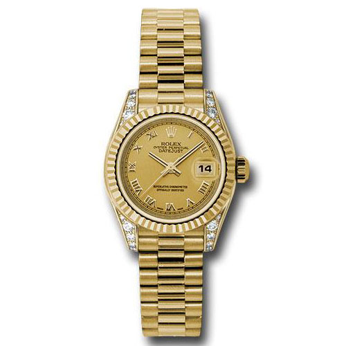 Rolex Yellow Gold Lady-Datejust 26 Watch - Fluted Bezel - Champagne Roman Dial - President Bracelet - 179238 chrp