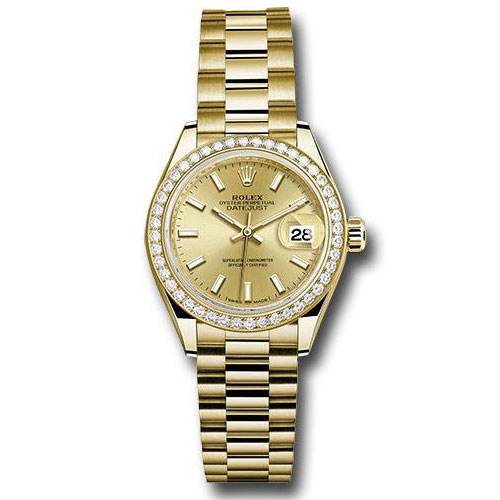 Rolex Yellow Gold Lady-Datejust 28 Watch - 44 Diamond Bezel - Champagne Index Dial - President Bracelet - 279138RBR chip