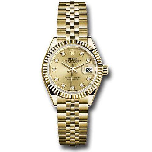 Rolex Yellow Gold Lady-Datejust 28 Watch - Fluted Bezel - Champagne Diamond Star Dial - President Bracelet - 279178 ch9dix8dp