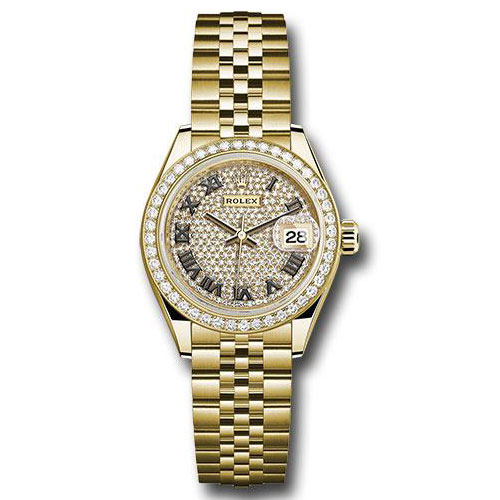 Rolex Yellow Gold Lady-Datejust 28 Watch - 44 Diamond Bezel - Diamond Paved Roman Dial - Jubilee Bracelet - 279138RBR dprj
