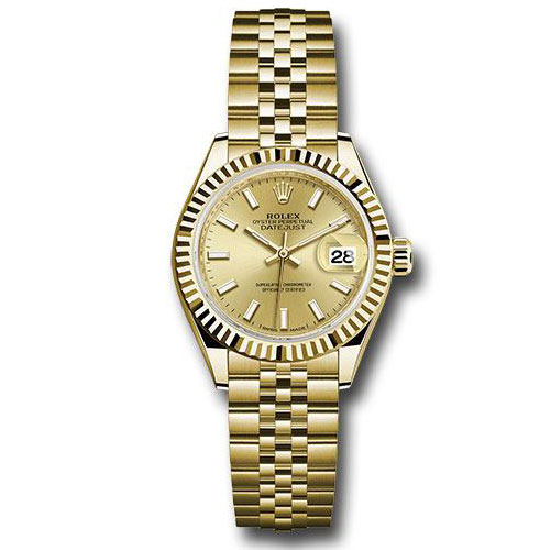 Rolex Yellow Gold Lady-Datejust 28 Watch - Fluted Bezel - Champagne Diamond Dial - President Bracelet - 279178 chdp