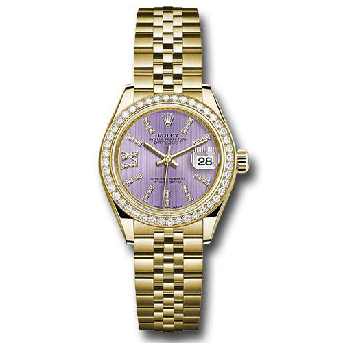 Rolex Yellow Gold Lady-Datejust 28 Watch - 44 Diamond Bezel - Lilac Stripe Diamond Index Dial - Jubilee Bracelet - 279138RBR lils36dix8dj