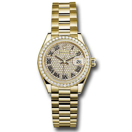 Rolex Yellow Gold Lady-Datejust 28 Watch - 44 Diamond Bezel - Diamond Paved Roman Dial - President Bracelet - 279138RBR dprp