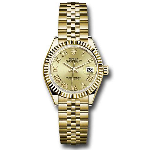 Rolex Yellow Gold Lady-Datejust 28 Watch - Fluted Bezel - Champagne Index Dial - President Bracelet - 279178 chip