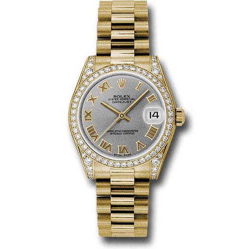 Rolex Yellow Gold Datejust 31 Watch - 48 Diamond Bezel - Gray Roman Dial - President Bracelet - 178158 grp