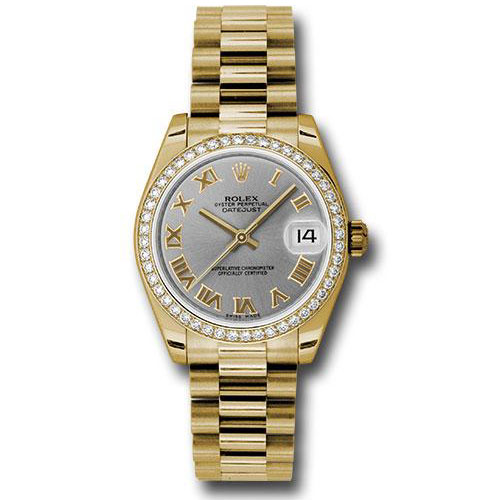 Rolex Yellow Gold Datejust 31 Watch - 48 Diamond Bezel - Gray Roman Dial - President Bracelet - 178288 grp