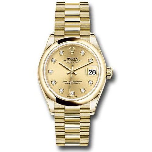 Rolex Yellow Gold Datejust 31 Watch - Domed Bezel - Champagne Diamond Dial - President Bracelet - 278248 chdp