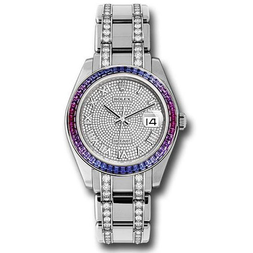 Rolex White Gold Datejust Pearlmaster 39 Watch - 48 Blue To Fuchsia Pink Gradient Baguette-Cut Sapphires Bezel - 18K White Gold Diamond Paved Dial - 86349SAFUBL dpdb