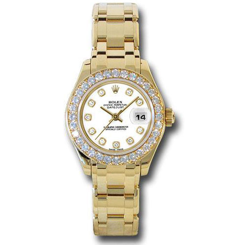 Rolex Yellow Gold Lady-Datejust Pearlmaster 29 Watch - 32 Diamond Bezel - White Diamond Dial - 80298 wd