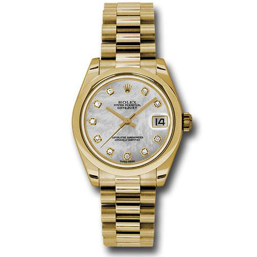 Rolex Yellow Gold Datejust 31 Watch - Domed Bezel - Mother-Of-Pearl Diamond Dial - President Bracelet - 178248 mdp