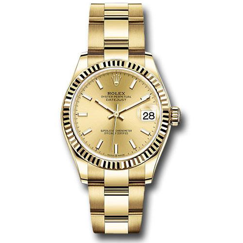 Rolex Yellow Gold Datejust 31 Watch - Fluted Bezel - Champagne Index Dial - Oyster Bracelet - 278278 chio