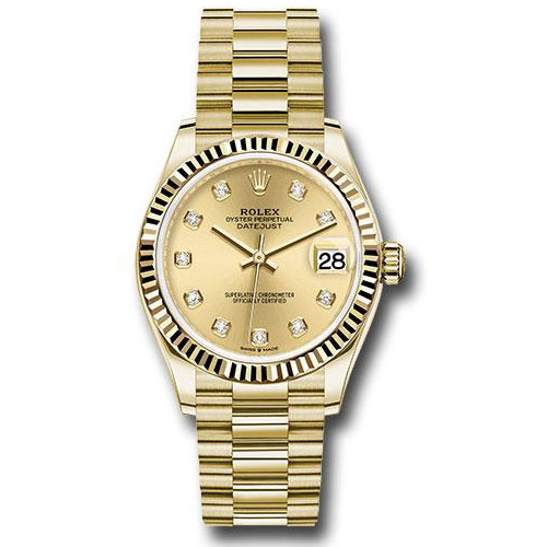 Rolex Yellow Gold Datejust 31 Watch - Fluted Bezel - Champagne Diamond Dial - President Bracelet - 278278 chdp