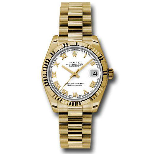 Rolex Yellow Gold Datejust 31 Watch - Fluted Bezel - White Roman Dial - President Bracelet - 178278 wrp