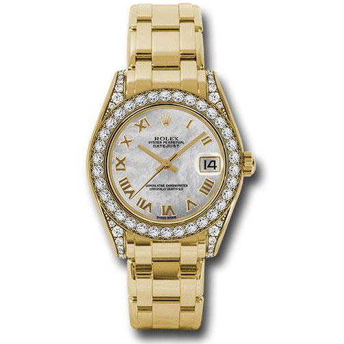 Rolex Yellow Gold Datejust Pearlmaster 34 Watch - 34 Diamond Bezel - White Mother-Of-Pearl Roman Dial - 81158 mr