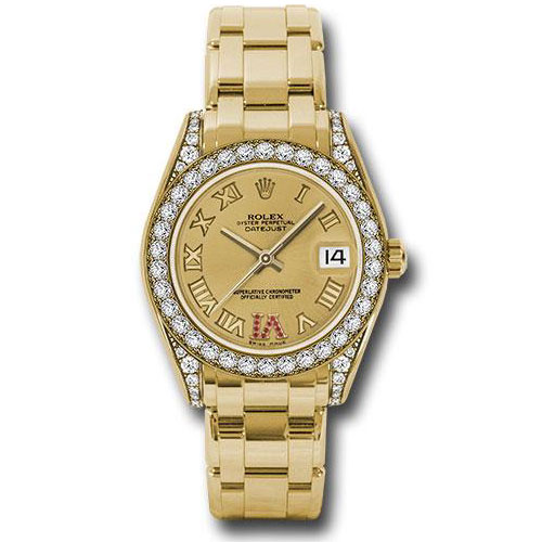 Rolex Yellow Gold Datejust Pearlmaster 34 Watch - 34 Diamond Bezel - Champagne Ruby Roman Vi Roman Dial - 81158 chrr