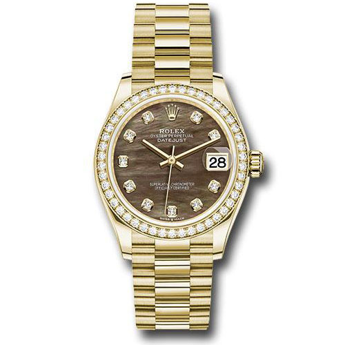 Rolex Yellow Gold Datejust 31 Watch - Diamond Bezel - Dark Mother-of-Pearl Diamond Dial - President Bracelet - 278288RBR dkmdp