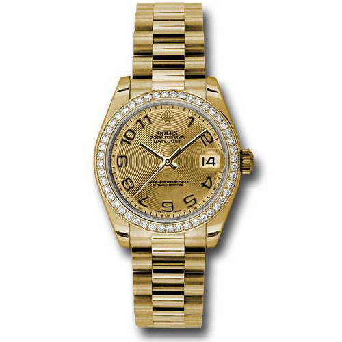 Rolex Yellow Gold Datejust 31 Watch - 48 Diamond Bezel - Champagne Concentric Circle Arabic Dial - President Bracelet - 178288 chcap