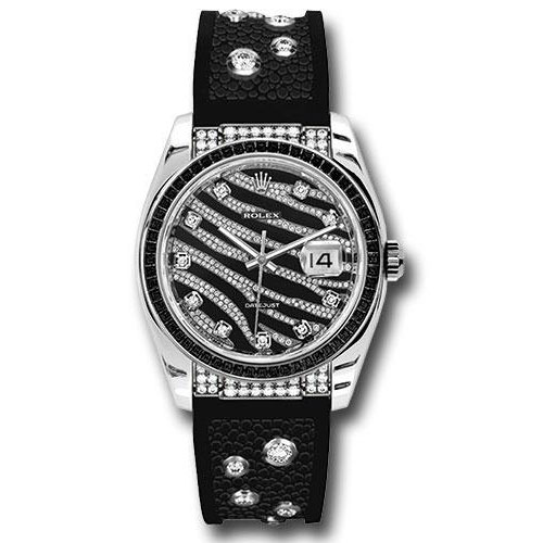Rolex White Gold Datejust Royal Black 36 Watch - 60 Baguette Black Sapphires Bezel - Black And Diamond Paved Dial - Galuchat - 116199 SANR