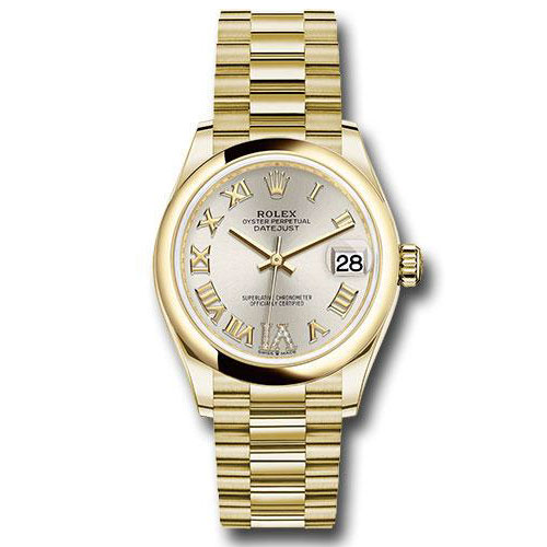 Rolex Yellow Gold Datejust 31 Watch - Domed Bezel - Silver Diamond Six Dial - President Bracelet - 278248 sdr6p