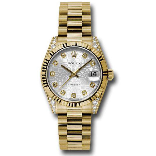 Rolex Yellow Gold Datejust 31 Watch - Fluted Bezel - Silver Jubilee Diamond Dial - President Bracelet - 178238 sjdp