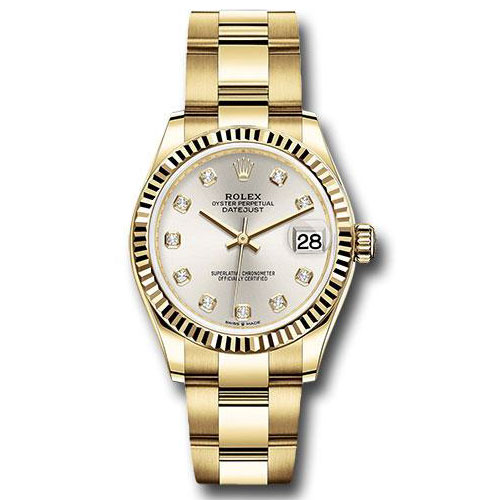 Rolex Yellow Gold Datejust 31 Watch - Fluted Bezel - Silver Diamond Dial - Oyster Bracelet - 278278 sdo