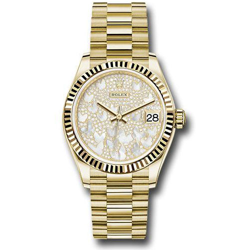 Rolex Yellow Gold Datejust 31 Watch - Fluted Bezel - Paved Mother-of-Pearl Butterfly Dial - President Bracelet - 278278 pmopbp