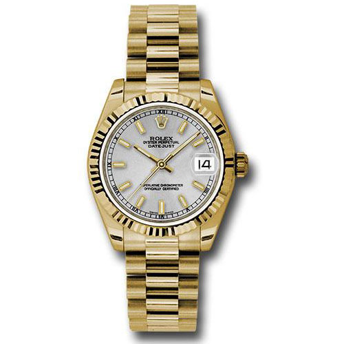 Rolex Yellow Gold Datejust 31 Watch - Fluted Bezel - Silver Diamond Roman Vi Index Dial - President Bracelet - 178278 sip