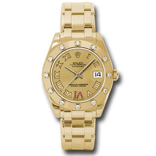 Rolex Yellow Gold Datejust Pearlmaster 34 Watch - 12 Diamond Bezel - Champagne Ruby Roman Vi Roman Dial - 81318 chrr