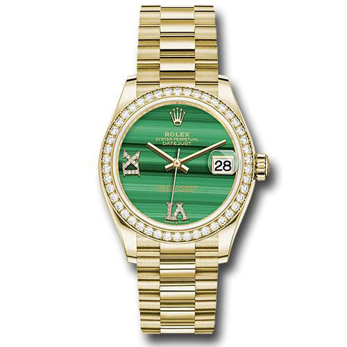 Rolex Yellow Gold Datejust 31 Watch - Diamond Bezel - Malachite Diamond Six and Nine Dial - President Bracelet - 278288RBR madr69p