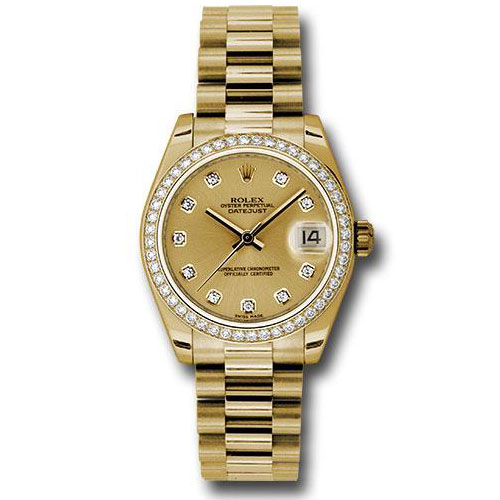 Rolex Yellow Gold Datejust 31 Watch - 48 Diamond Bezel - Champagne Diamond Dial - President Bracelet - 178288 chdp