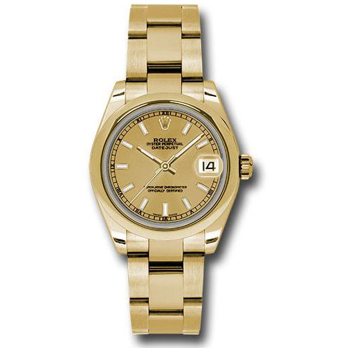 Rolex Yellow Gold Datejust 31 Watch - Domed Bezel - Champagne Index Dial - Oyster Bracelet - 178248 chio