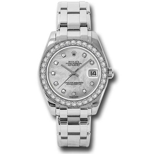 Rolex White Gold Datejust Pearlmaster 34 Watch - 34 Diamond Bezel - White Mother-Of-Pearl Diamond Dial - 81299 md