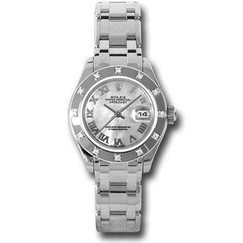 Rolex White Gold Lady-Datejust Pearlmaster 29 Watch - 12 Diamond Bezel - Mother-Of-Pearl Roman Dial - 80319 mr