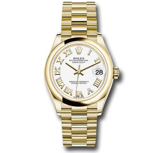 Rolex Yellow Gold Datejust 31 Watch - Domed Bezel - White Roman Dial - President Bracelet - 278248 wrp