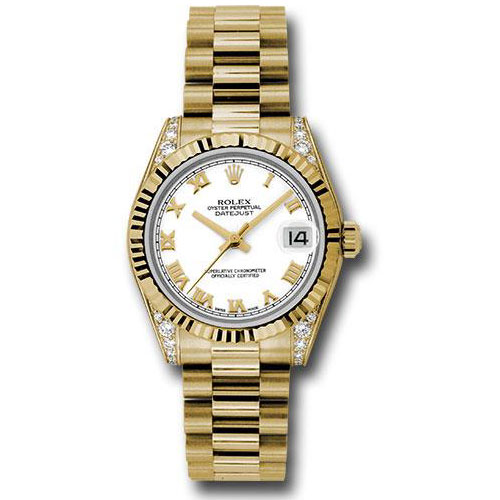 Rolex Yellow Gold Datejust 31 Watch - Fluted Bezel - White Roman Dial - President Bracelet - 178238 wrp