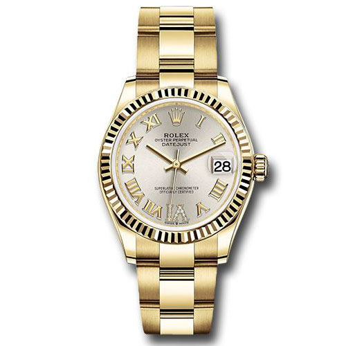Rolex Yellow Gold Datejust 31 Watch - Fluted Bezel - Silver Diamond Six Dial - Oyster Bracelet - 278278 sdr6o