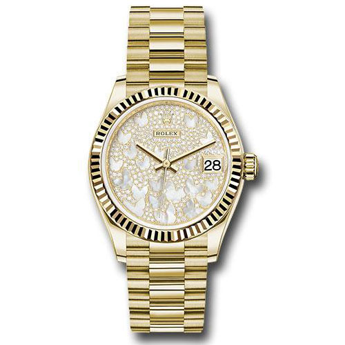 Rolex Yellow Gold Datejust 31 Watch - Fluted Bezel - Silver Diamond Dial - President Bracelet - 278278 sdp