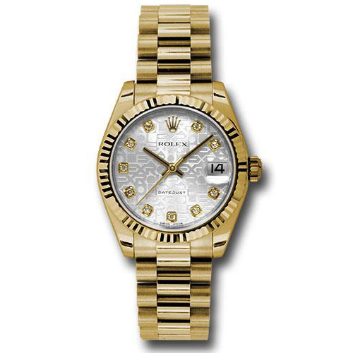 Rolex Yellow Gold Datejust 31 Watch - Fluted Bezel - Silver Jubilee Diamond Dial - President Bracelet - 178278 sjdp