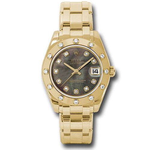 Rolex Yellow Gold Datejust Pearlmaster 34 Watch - 12 Diamond Bezel - Black Mother-Of-Pearl Diamond Dial - 81318 dkmd