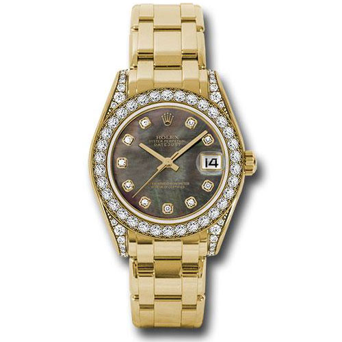 Rolex Yellow Gold Datejust Pearlmaster 34 Watch - 34 Diamond Bezel - Black Mother-Of-Pearl Diamond Dial - 81158 dkmd