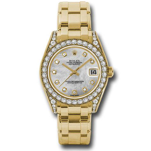 Rolex Yellow Gold Datejust Pearlmaster 34 Watch - 34 Diamond Bezel - White Mother-Of-Pearl Diamond Dial - 81158 md